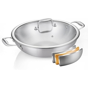 image:imageDELARLO Whole Body TriPly Stainless Steel Wok 945 inch Deep Kitchen StirFry Pan Small Wok Pan with Lids Induction Mini wok Suitable for All Stove Up to 650 Detachable Handle13  Double Handle