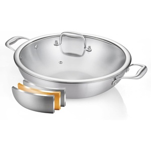image:imageDELARLO Whole Body TriPly Stainless Steel Wok 945 inch Deep Kitchen StirFry Pan Small Wok Pan with Lids Induction Mini wok Suitable for All Stove Up to 650 Detachable Handle12  Double Handle