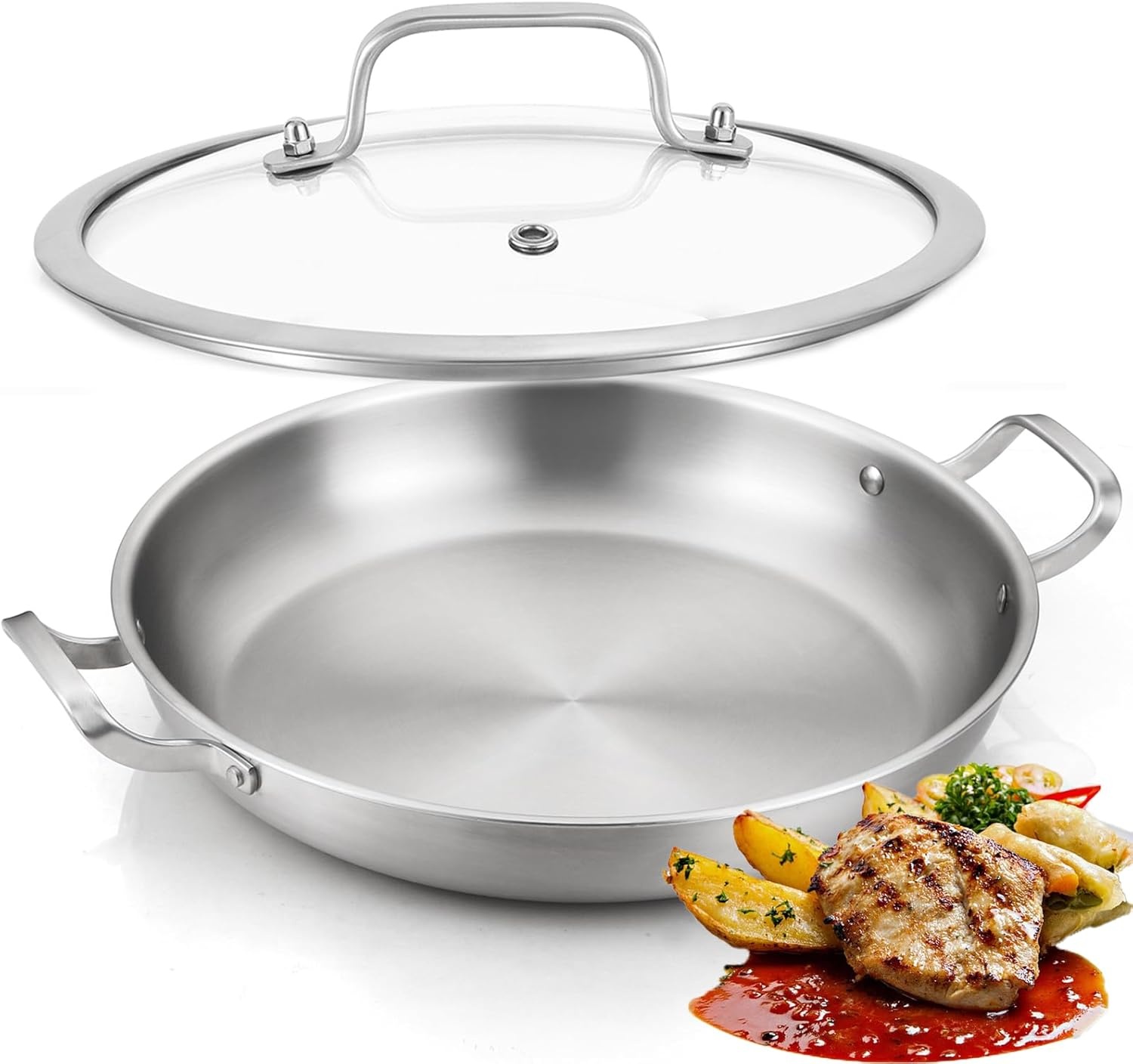 image:imageDELARLO 16 Inch Stainless Steel Paella Pan with Lid 5Ply Fully CladJumbo Frying Pan for 1214 Servings PFOA amp PTFE Free Skillet for Gas Stove Great for Paella Parties Indoors OutdoorsStainless Steel