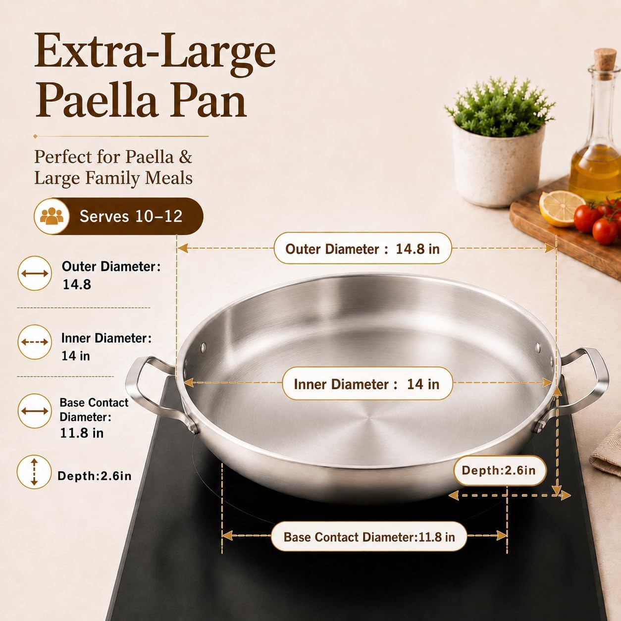 image:imageDELARLO 16 Inch Stainless Steel Paella Pan with Lid 5Ply Fully CladJumbo Frying Pan for 1214 Servings PFOA amp PTFE Free Skillet for Gas Stove Great for Paella Parties Indoors OutdoorsStainless Steel