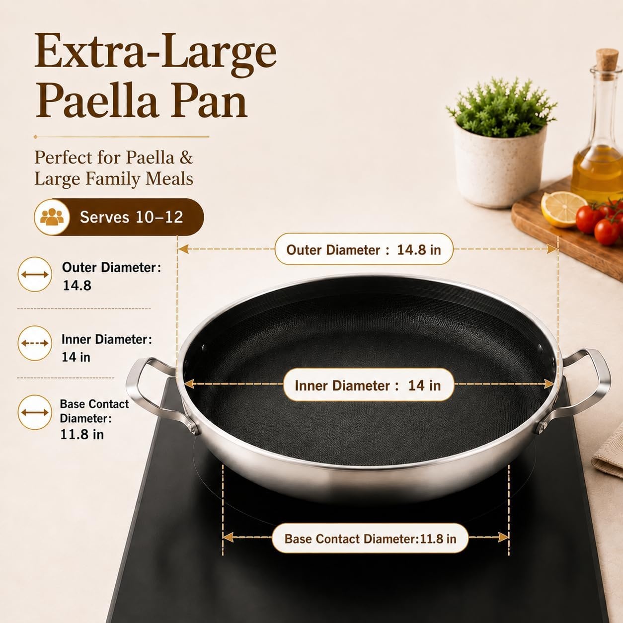 image:imageDELARLO 16 Inch Stainless Steel Paella Pan with Lid 5Ply Fully CladJumbo Frying Pan for 1214 Servings PFOA amp PTFE Free Skillet for Gas Stove Great for Paella Parties Indoors OutdoorsStainless Steel