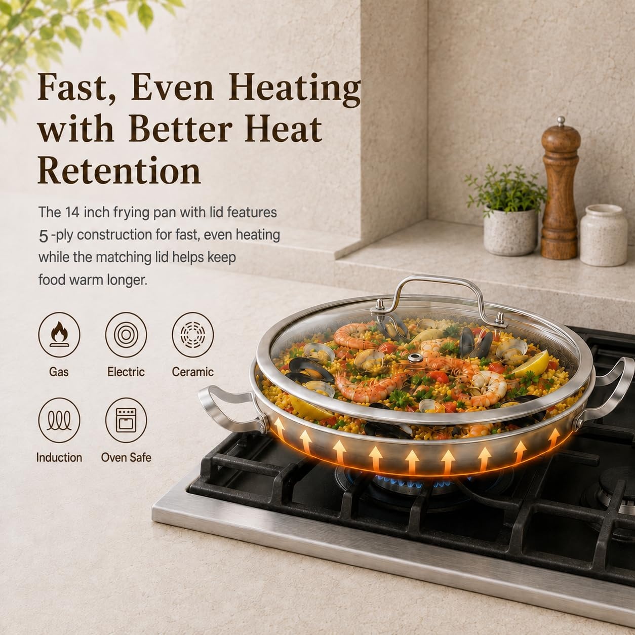 image:imageDELARLO 16 Inch Stainless Steel Paella Pan with Lid 5Ply Fully CladJumbo Frying Pan for 1214 Servings PFOA amp PTFE Free Skillet for Gas Stove Great for Paella Parties Indoors OutdoorsStainless Steel