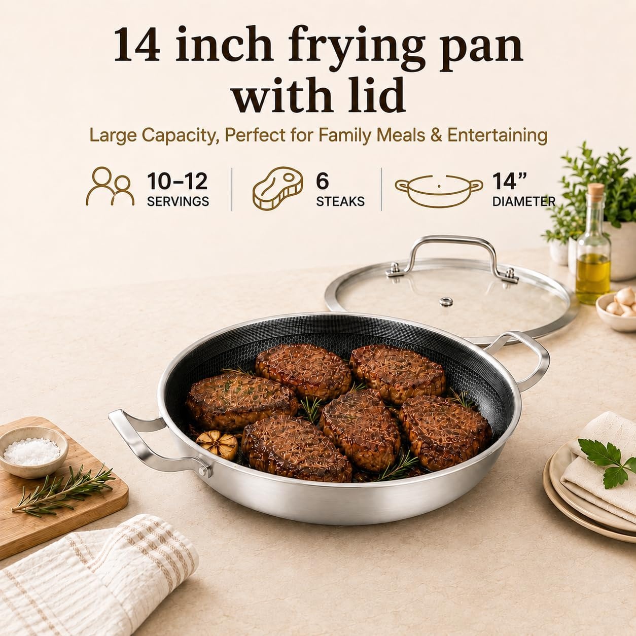 image:imageDELARLO 16 Inch Stainless Steel Paella Pan with Lid 5Ply Fully CladJumbo Frying Pan for 1214 Servings PFOA amp PTFE Free Skillet for Gas Stove Great for Paella Parties Indoors OutdoorsStainless Steel