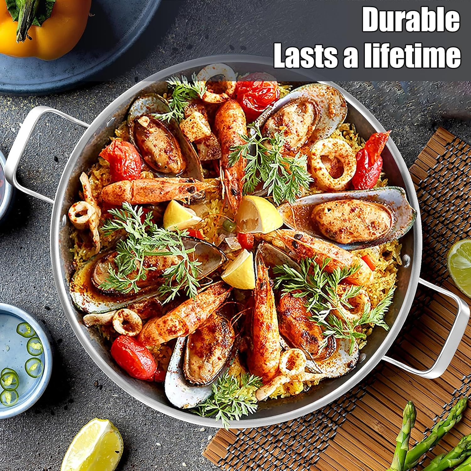image:imageDELARLO 16 Inch Stainless Steel Paella Pan with Lid 5Ply Fully CladJumbo Frying Pan for 1214 Servings PFOA amp PTFE Free Skillet for Gas Stove Great for Paella Parties Indoors OutdoorsStainless Steel