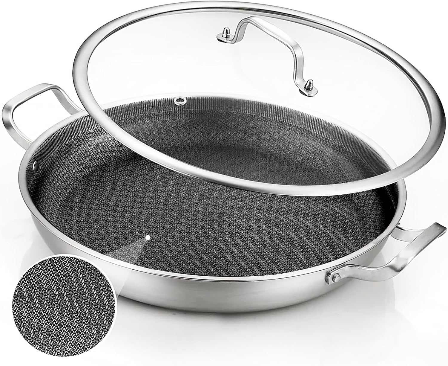 image:imageDELARLO 16 Inch Stainless Steel Paella Pan with Lid 5Ply Fully CladJumbo Frying Pan for 1214 Servings PFOA amp PTFE Free Skillet for Gas Stove Great for Paella Parties Indoors OutdoorsStainless Steel