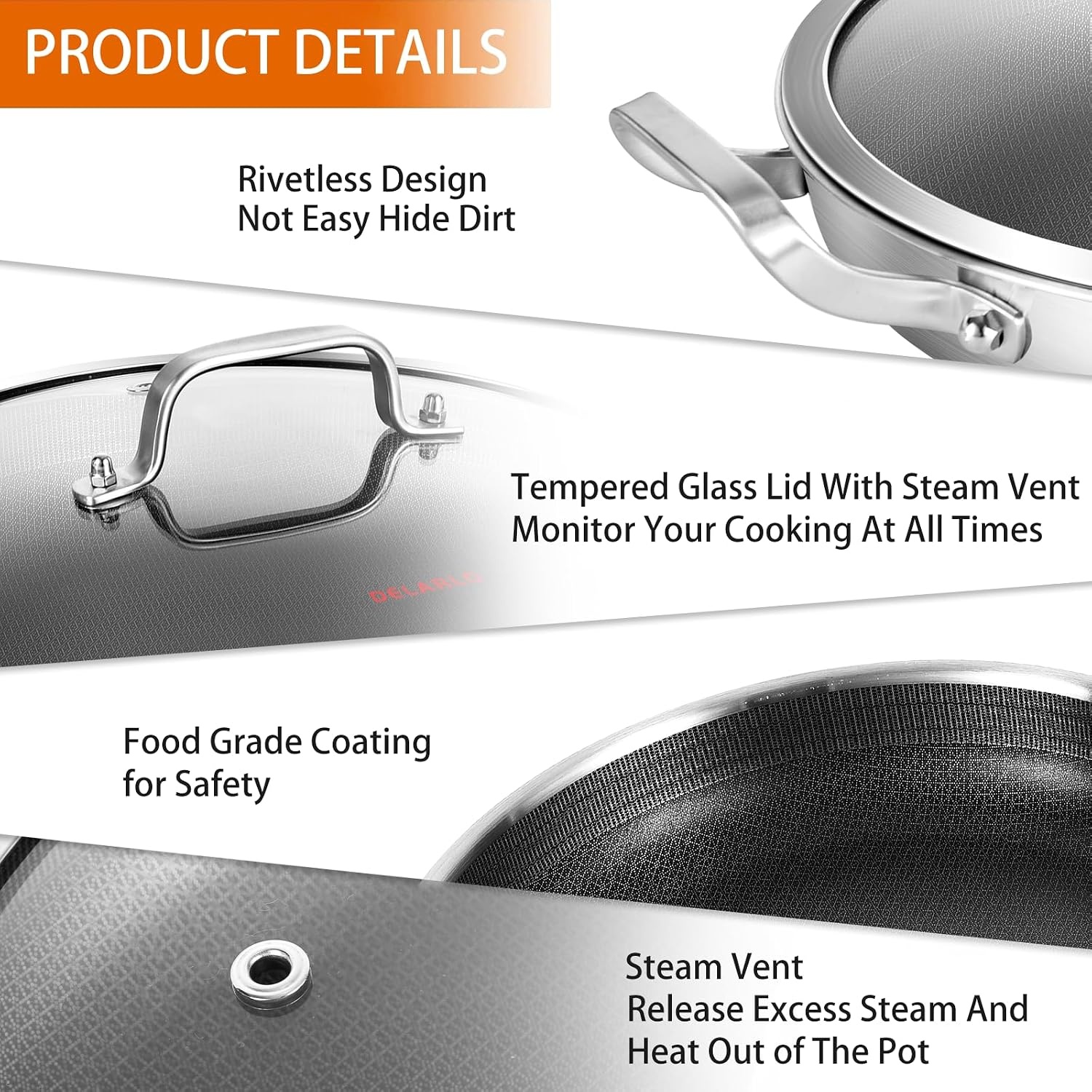 image:imageDELARLO 16 Inch Stainless Steel Paella Pan with Lid 5Ply Fully CladJumbo Frying Pan for 1214 Servings PFOA amp PTFE Free Skillet for Gas Stove Great for Paella Parties Indoors OutdoorsStainless Steel