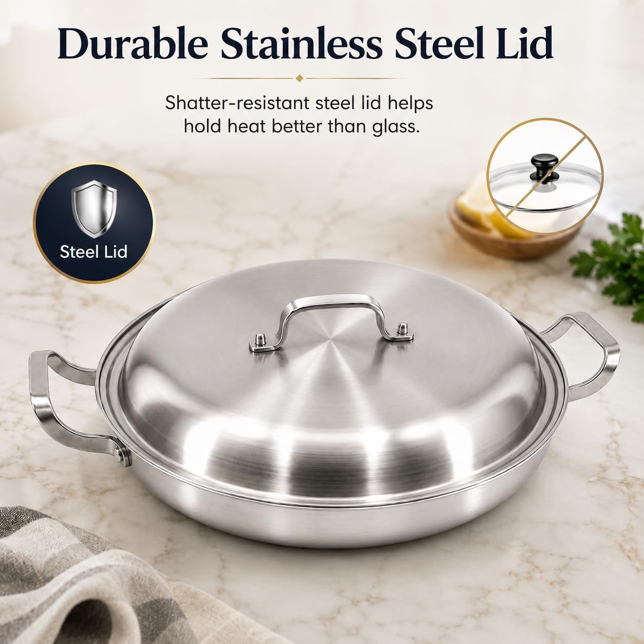 image:imageDELARLO 16 Inch Stainless Steel Paella Pan with Lid 5Ply Fully CladJumbo Frying Pan for 1214 Servings PFOA amp PTFE Free Skillet for Gas Stove Great for Paella Parties Indoors OutdoorsStainless Steel