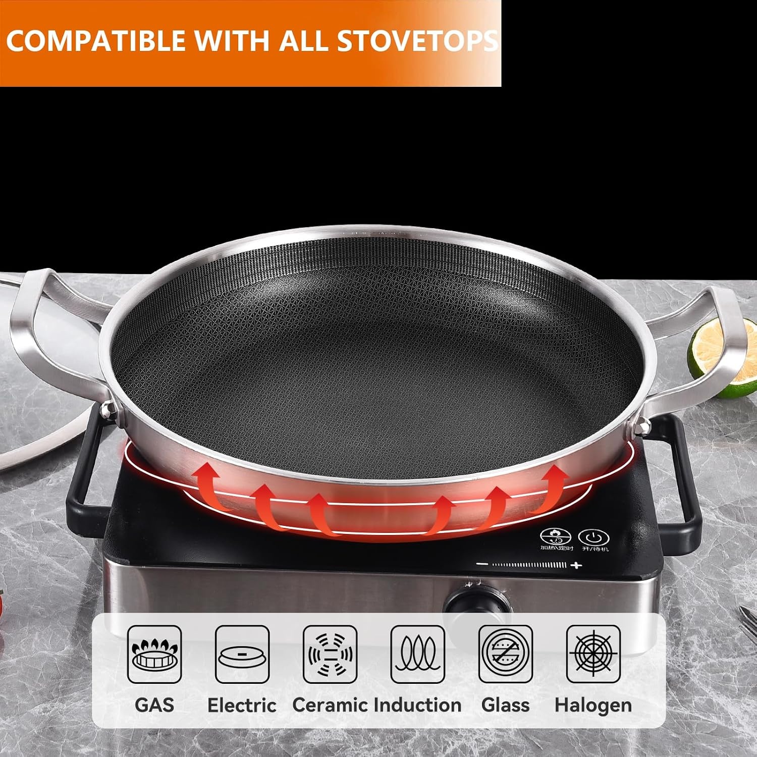 image:imageDELARLO 16 Inch Stainless Steel Paella Pan with Lid 5Ply Fully CladJumbo Frying Pan for 1214 Servings PFOA amp PTFE Free Skillet for Gas Stove Great for Paella Parties Indoors OutdoorsStainless Steel