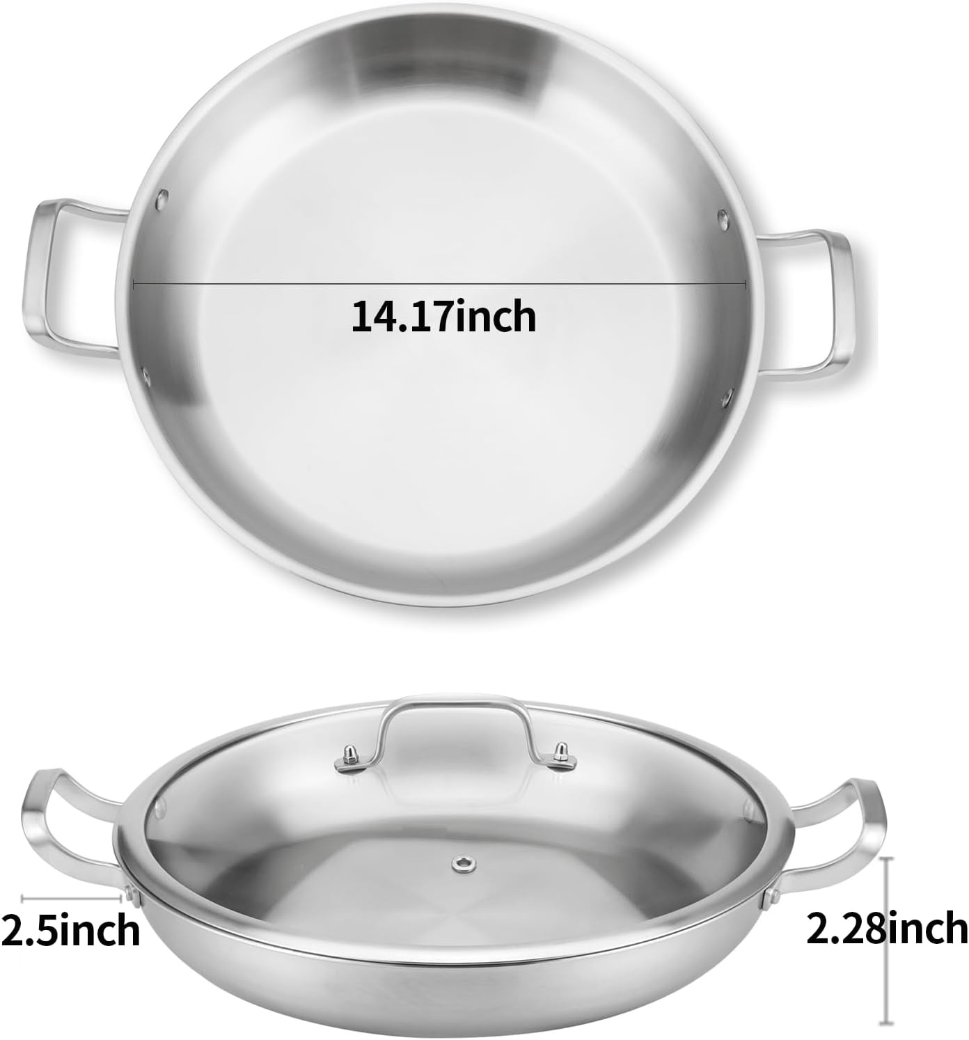 image:imageDELARLO 16 Inch Stainless Steel Paella Pan with Lid 5Ply Fully CladJumbo Frying Pan for 1214 Servings PFOA amp PTFE Free Skillet for Gas Stove Great for Paella Parties Indoors OutdoorsStainless Steel
