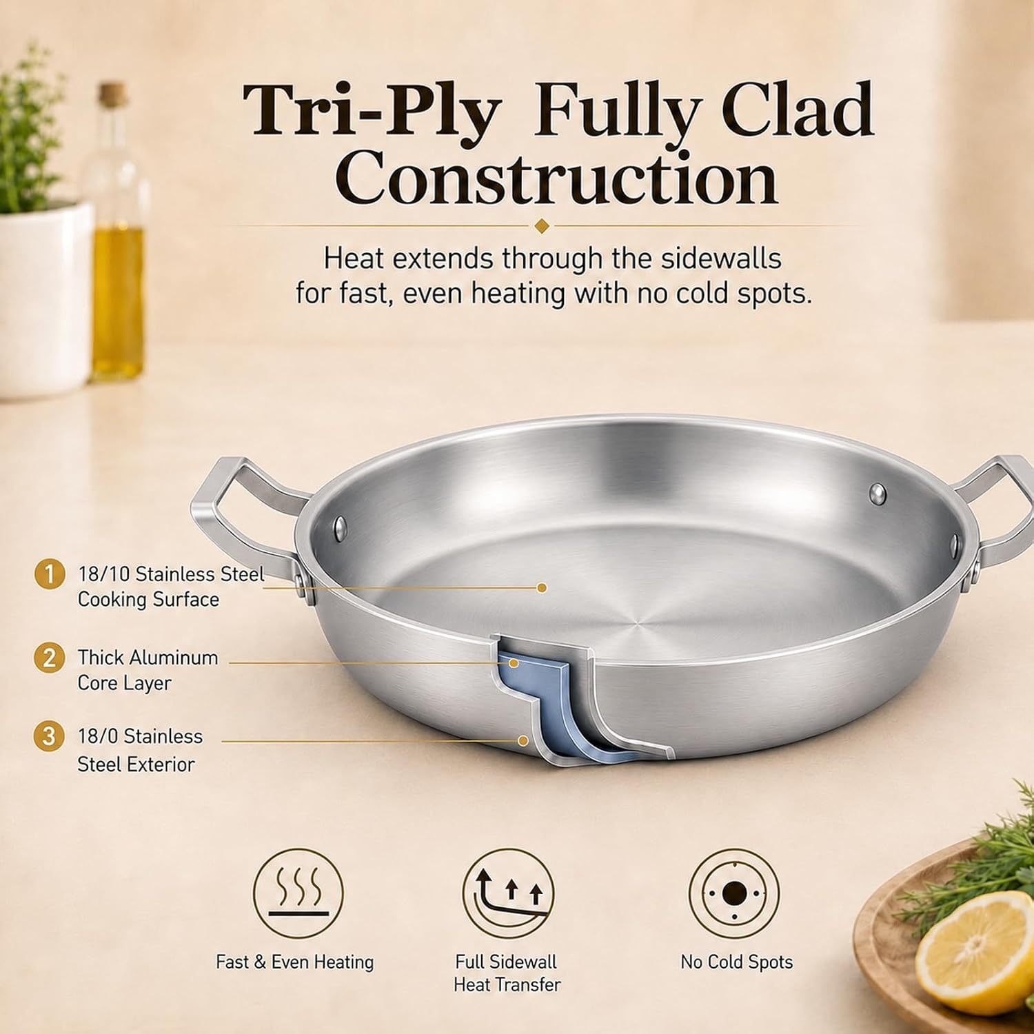 image:imageDELARLO 16 Inch Stainless Steel Paella Pan with Lid 5Ply Fully CladJumbo Frying Pan for 1214 Servings PFOA amp PTFE Free Skillet for Gas Stove Great for Paella Parties Indoors OutdoorsStainless Steel