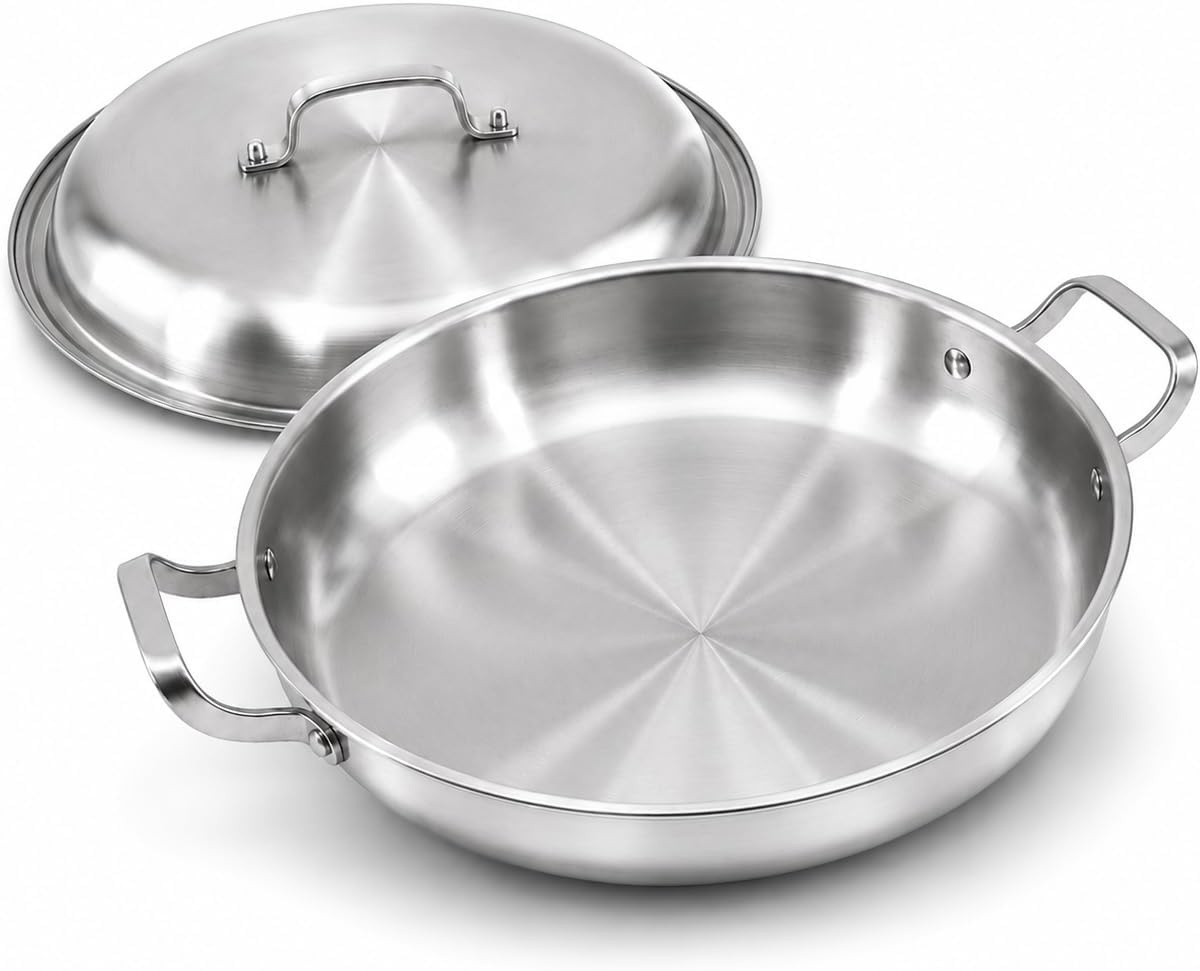 image:imageDELARLO 16 Inch Stainless Steel Paella Pan with Lid 5Ply Fully CladJumbo Frying Pan for 1214 Servings PFOA amp PTFE Free Skillet for Gas Stove Great for Paella Parties Indoors OutdoorsStainless Steel