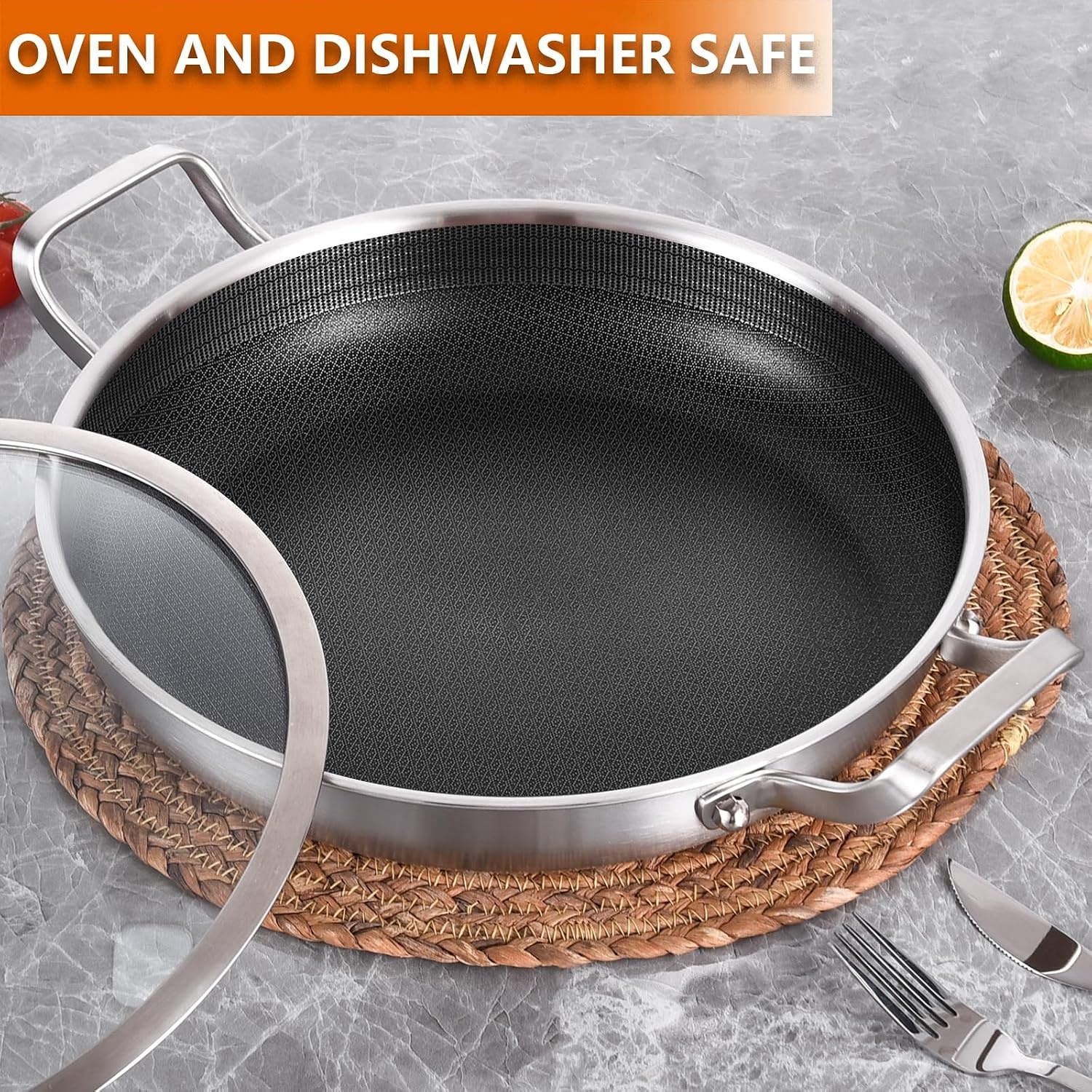 image:imageDELARLO 16 Inch Stainless Steel Paella Pan with Lid 5Ply Fully CladJumbo Frying Pan for 1214 Servings PFOA amp PTFE Free Skillet for Gas Stove Great for Paella Parties Indoors OutdoorsStainless Steel