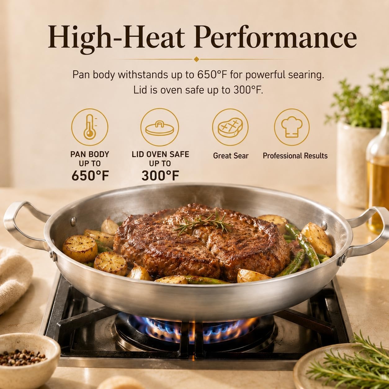 image:imageDELARLO 16 Inch Stainless Steel Paella Pan with Lid 5Ply Fully CladJumbo Frying Pan for 1214 Servings PFOA amp PTFE Free Skillet for Gas Stove Great for Paella Parties Indoors OutdoorsStainless Steel