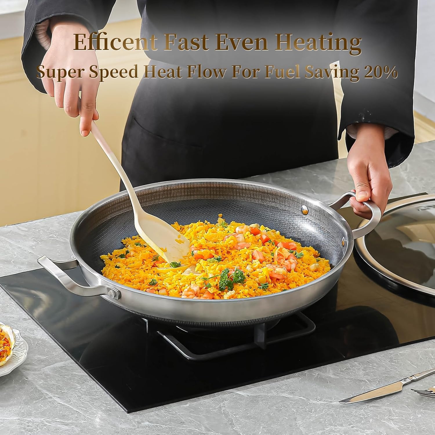 image:imageDELARLO 16 Inch Stainless Steel Paella Pan with Lid 5Ply Fully CladJumbo Frying Pan for 1214 Servings PFOA amp PTFE Free Skillet for Gas Stove Great for Paella Parties Indoors OutdoorsStainless Steel