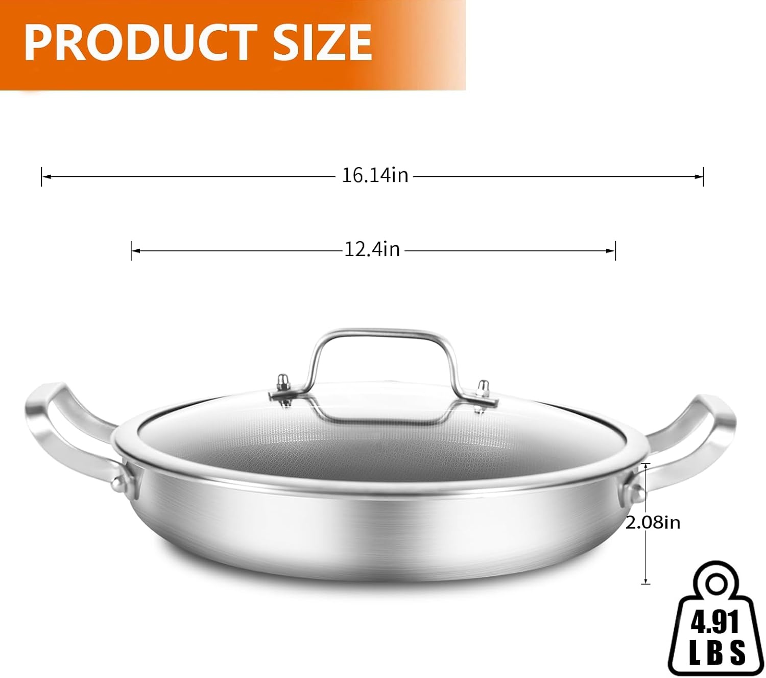 image:imageDELARLO 16 Inch Stainless Steel Paella Pan with Lid 5Ply Fully CladJumbo Frying Pan for 1214 Servings PFOA amp PTFE Free Skillet for Gas Stove Great for Paella Parties Indoors OutdoorsStainless Steel