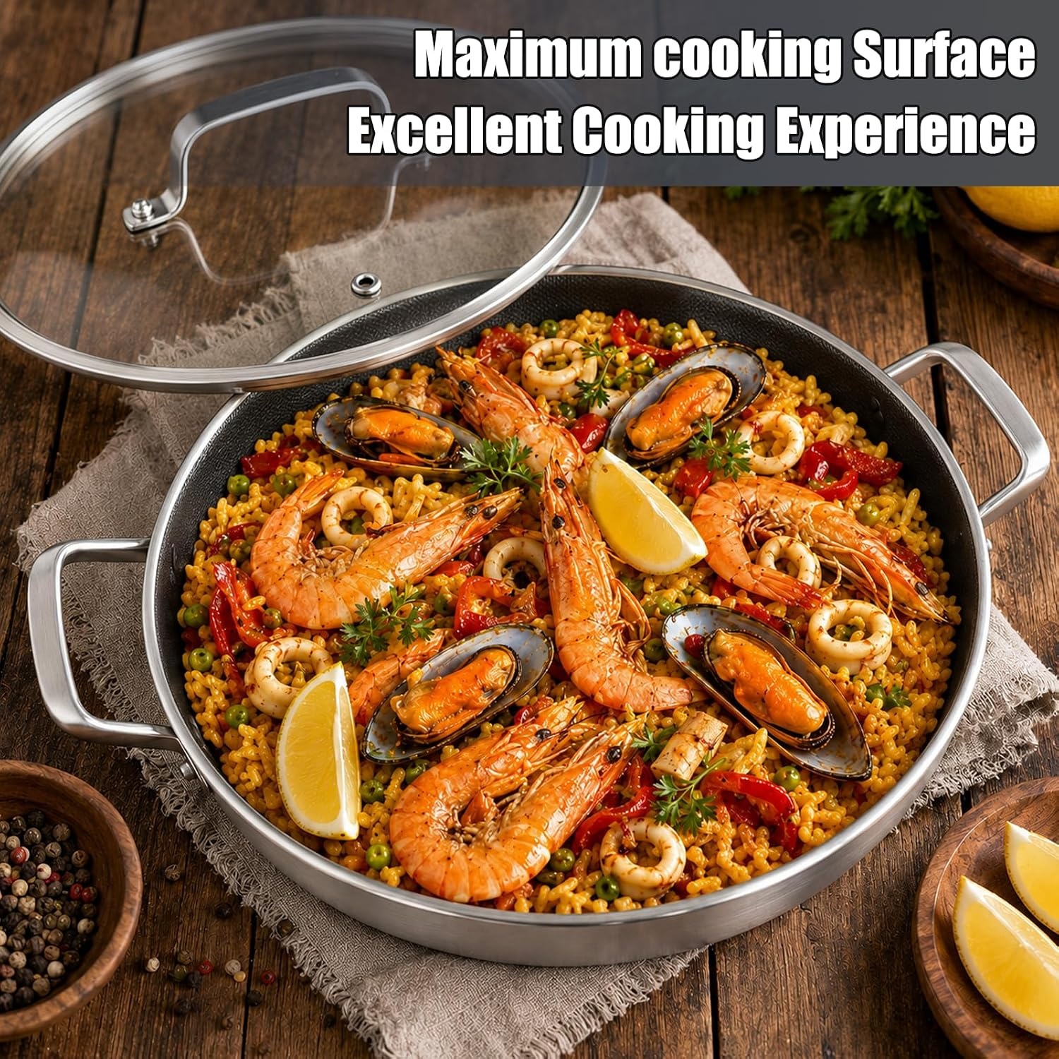 image:imageDELARLO 16 Inch Stainless Steel Paella Pan with Lid 5Ply Fully CladJumbo Frying Pan for 1214 Servings PFOA amp PTFE Free Skillet for Gas Stove Great for Paella Parties Indoors OutdoorsStainless Steel
