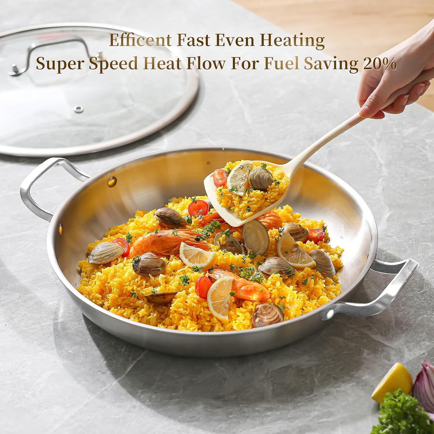 image:imageDELARLO 16 Inch Stainless Steel Paella Pan with Lid 5Ply Fully CladJumbo Frying Pan for 1214 Servings PFOA amp PTFE Free Skillet for Gas Stove Great for Paella Parties Indoors OutdoorsStainless Steel