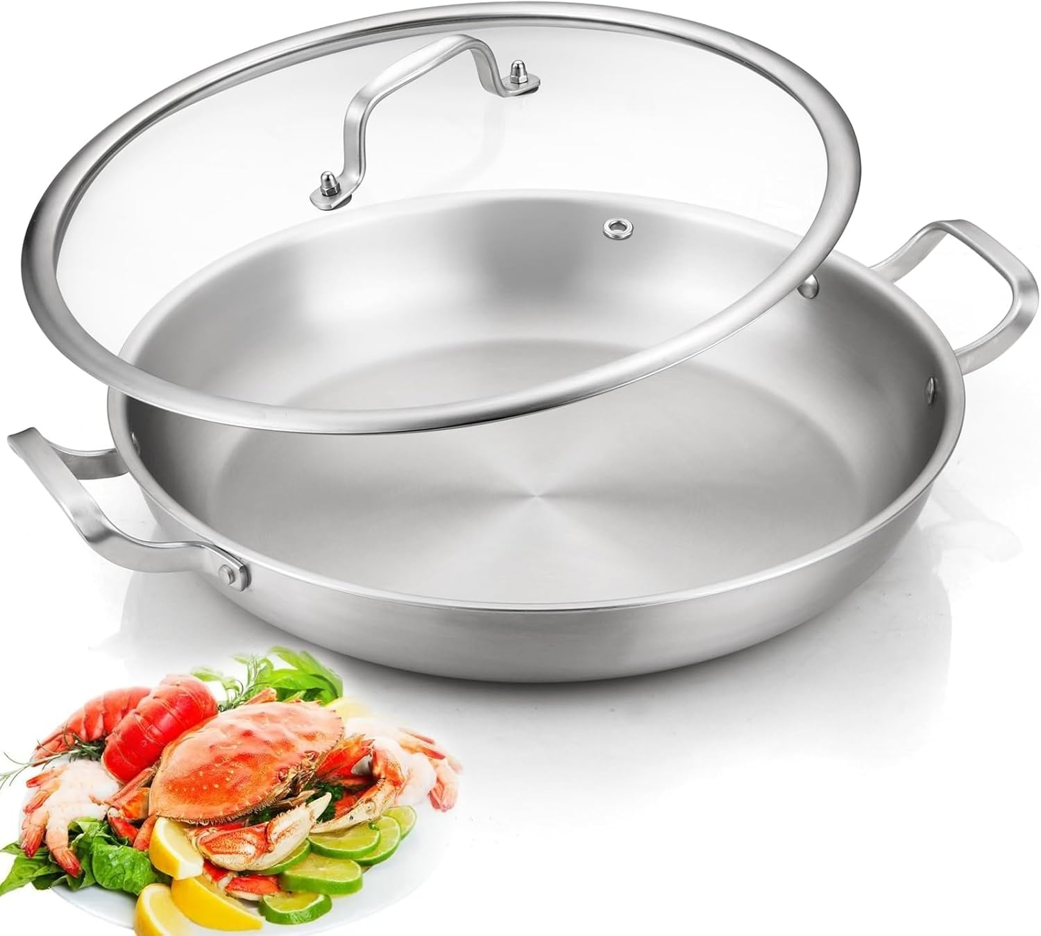 image:imageDELARLO 16 Inch Stainless Steel Paella Pan with Lid 5Ply Fully CladJumbo Frying Pan for 1214 Servings PFOA amp PTFE Free Skillet for Gas Stove Great for Paella Parties Indoors OutdoorsStainless Steel