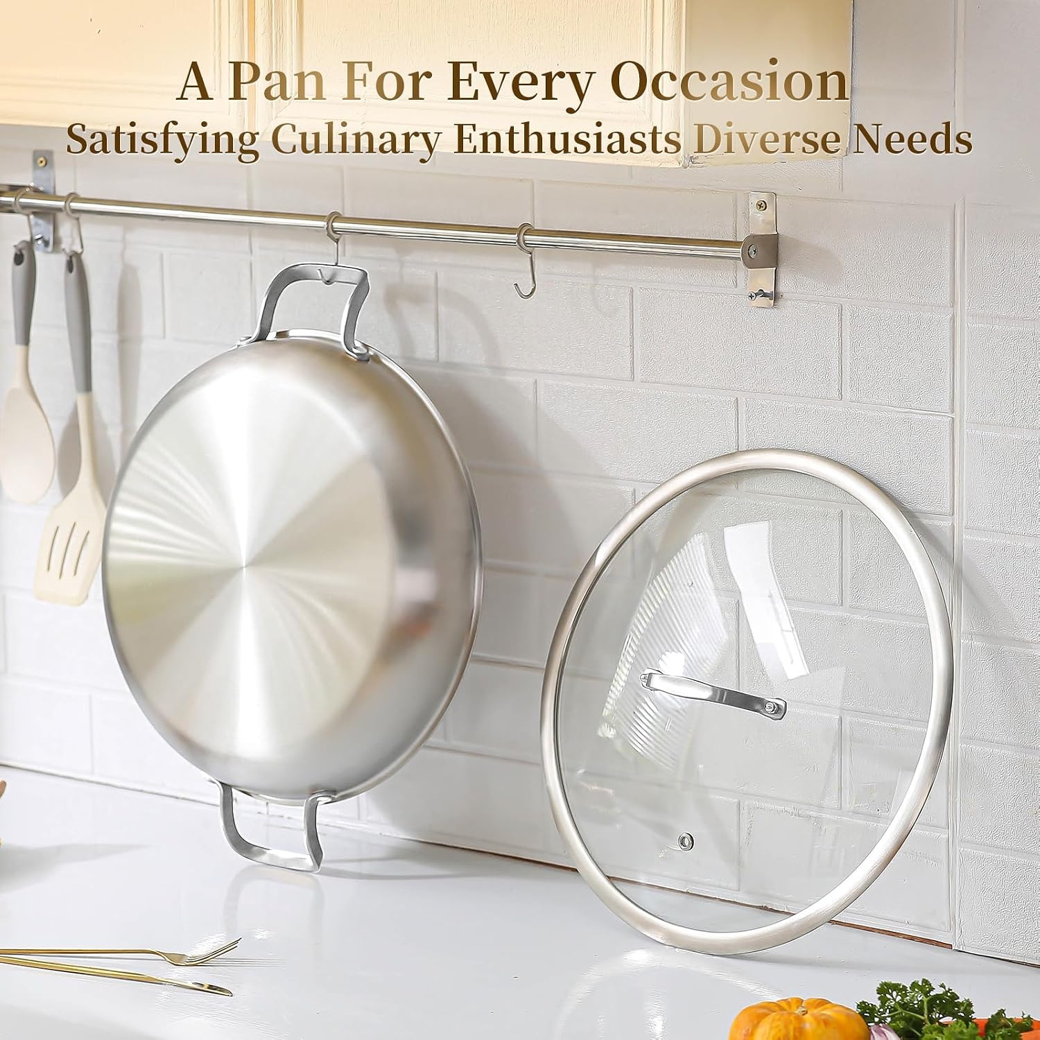 image:imageDELARLO 16 Inch Stainless Steel Paella Pan with Lid 5Ply Fully CladJumbo Frying Pan for 1214 Servings PFOA amp PTFE Free Skillet for Gas Stove Great for Paella Parties Indoors OutdoorsStainless Steel