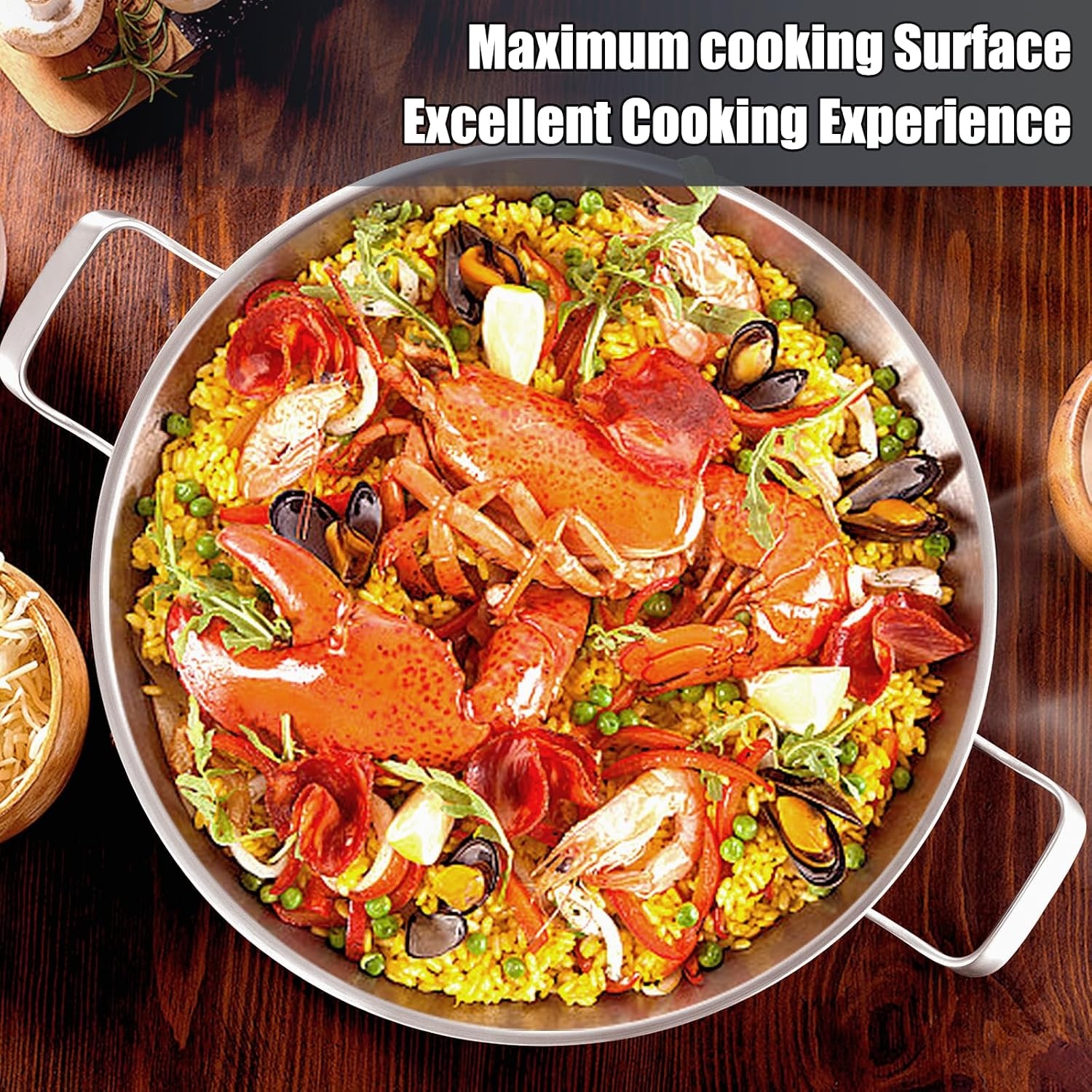 image:imageDELARLO 16 Inch Stainless Steel Paella Pan with Lid 5Ply Fully CladJumbo Frying Pan for 1214 Servings PFOA amp PTFE Free Skillet for Gas Stove Great for Paella Parties Indoors OutdoorsStainless Steel