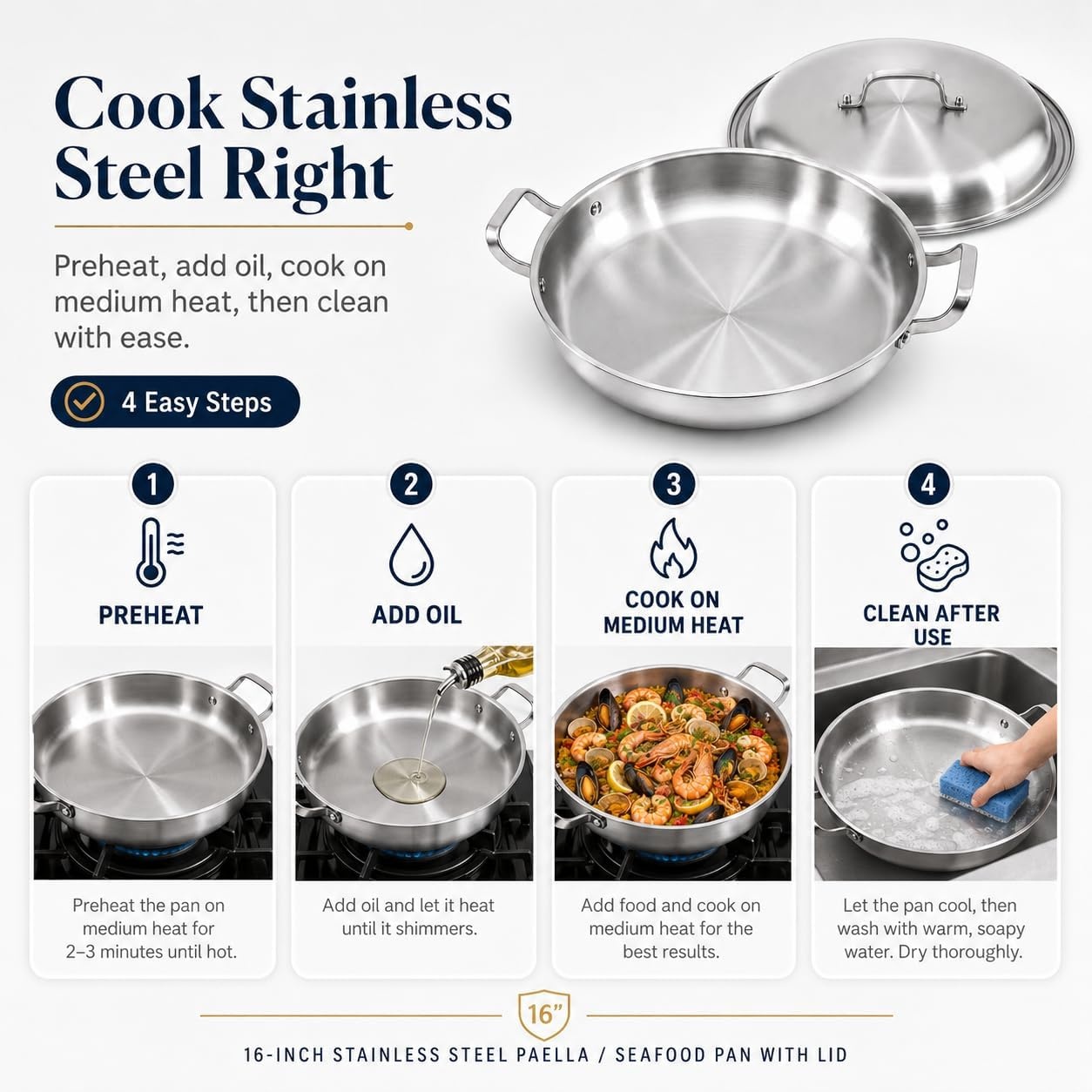 image:imageDELARLO 16 Inch Stainless Steel Paella Pan with Lid 5Ply Fully CladJumbo Frying Pan for 1214 Servings PFOA amp PTFE Free Skillet for Gas Stove Great for Paella Parties Indoors OutdoorsStainless Steel