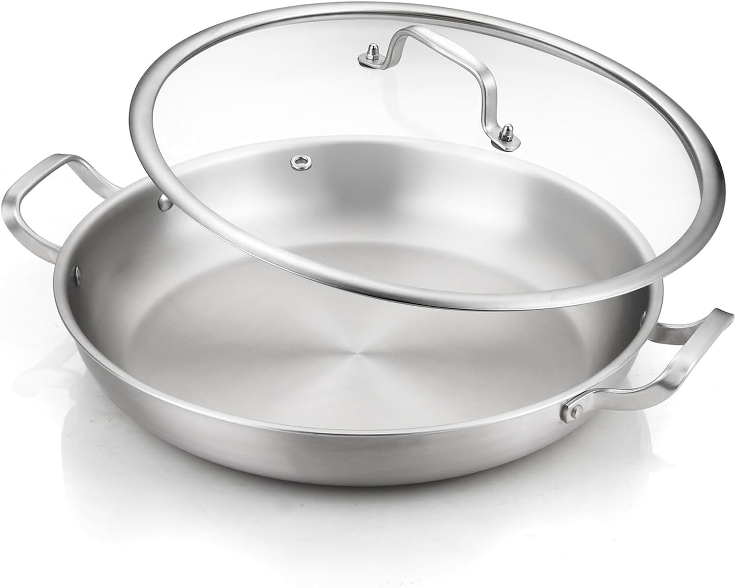 image:imageDELARLO 16 Inch Stainless Steel Paella Pan with Lid 5Ply Fully CladJumbo Frying Pan for 1214 Servings PFOA amp PTFE Free Skillet for Gas Stove Great for Paella Parties Indoors OutdoorsStainless Steel