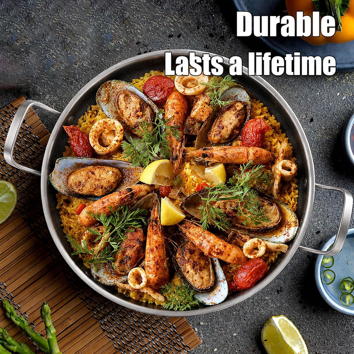 image:imageDELARLO 16 Inch Stainless Steel Paella Pan with Lid 5Ply Fully CladJumbo Frying Pan for 1214 Servings PFOA amp PTFE Free Skillet for Gas Stove Great for Paella Parties Indoors OutdoorsStainless Steel