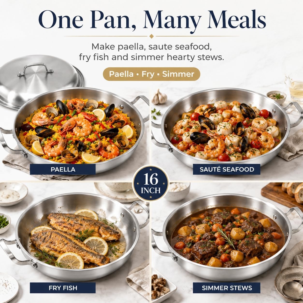 image:imageDELARLO 16 Inch Stainless Steel Paella Pan with Lid 5Ply Fully CladJumbo Frying Pan for 1214 Servings PFOA amp PTFE Free Skillet for Gas Stove Great for Paella Parties Indoors OutdoorsStainless Steel