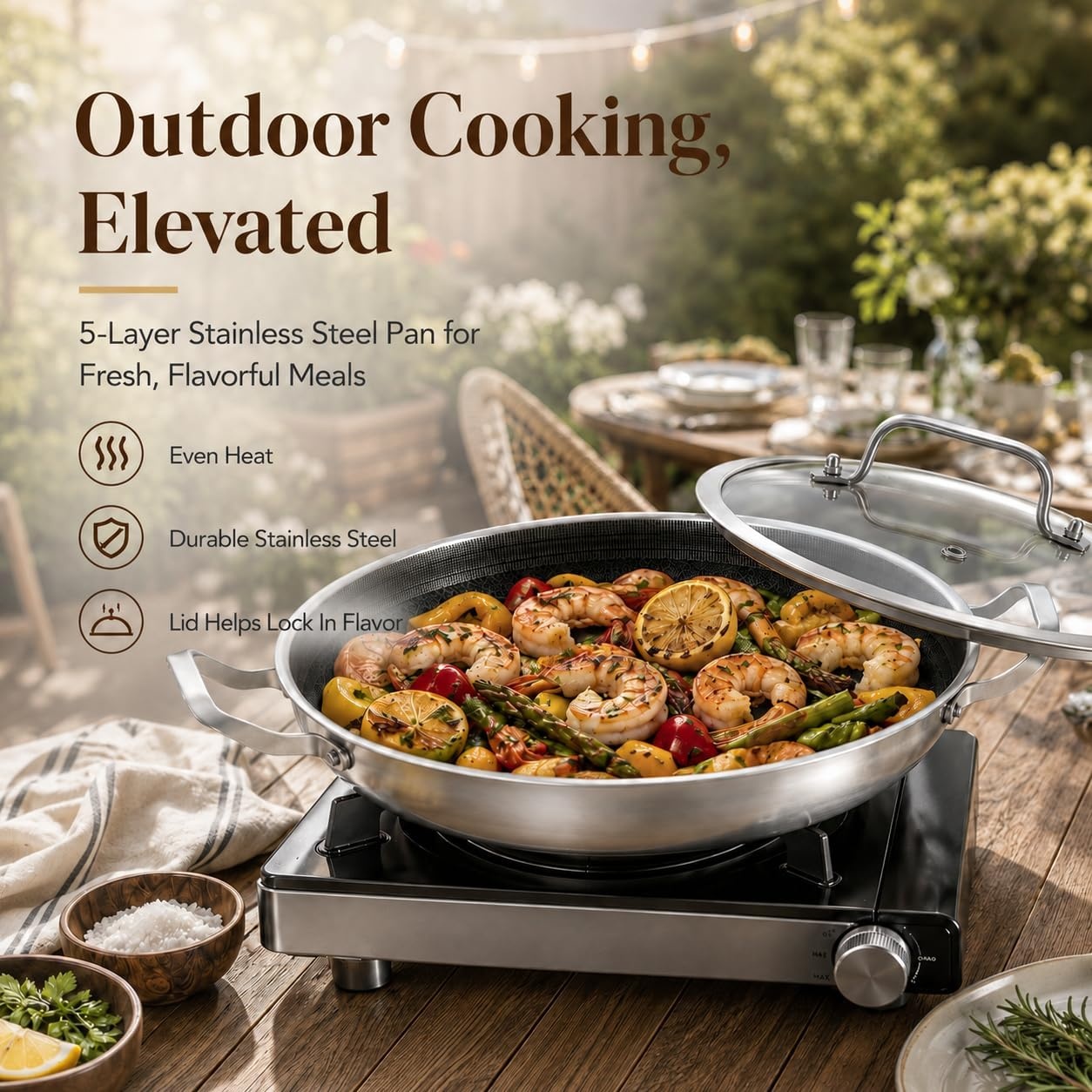 image:imageDELARLO 16 Inch Stainless Steel Paella Pan with Lid 5Ply Fully CladJumbo Frying Pan for 1214 Servings PFOA amp PTFE Free Skillet for Gas Stove Great for Paella Parties Indoors OutdoorsStainless Steel