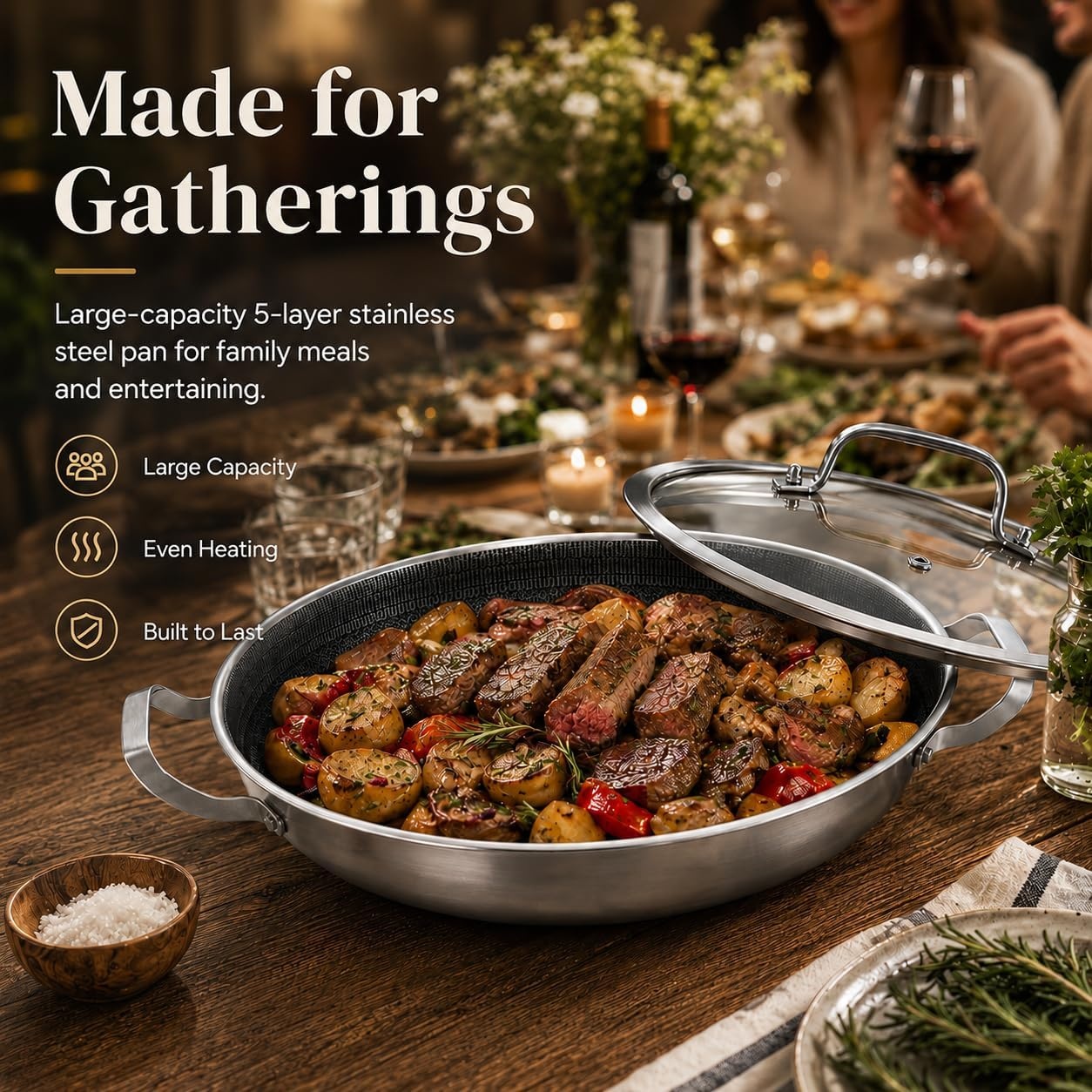 image:imageDELARLO 16 Inch Stainless Steel Paella Pan with Lid 5Ply Fully CladJumbo Frying Pan for 1214 Servings PFOA amp PTFE Free Skillet for Gas Stove Great for Paella Parties Indoors OutdoorsStainless Steel