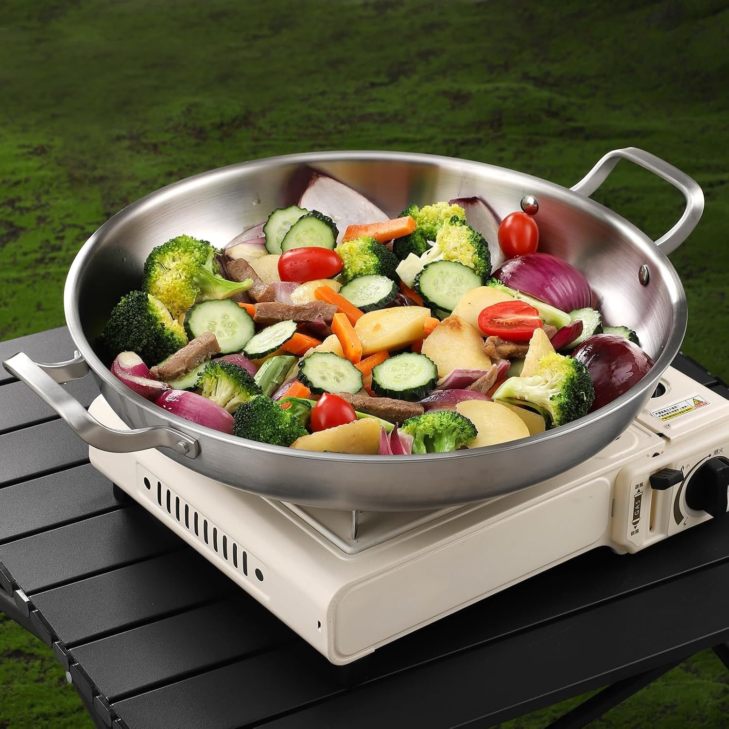 image:imageDELARLO 16 Inch Stainless Steel Paella Pan with Lid 5Ply Fully CladJumbo Frying Pan for 1214 Servings PFOA amp PTFE Free Skillet for Gas Stove Great for Paella Parties Indoors OutdoorsStainless Steel