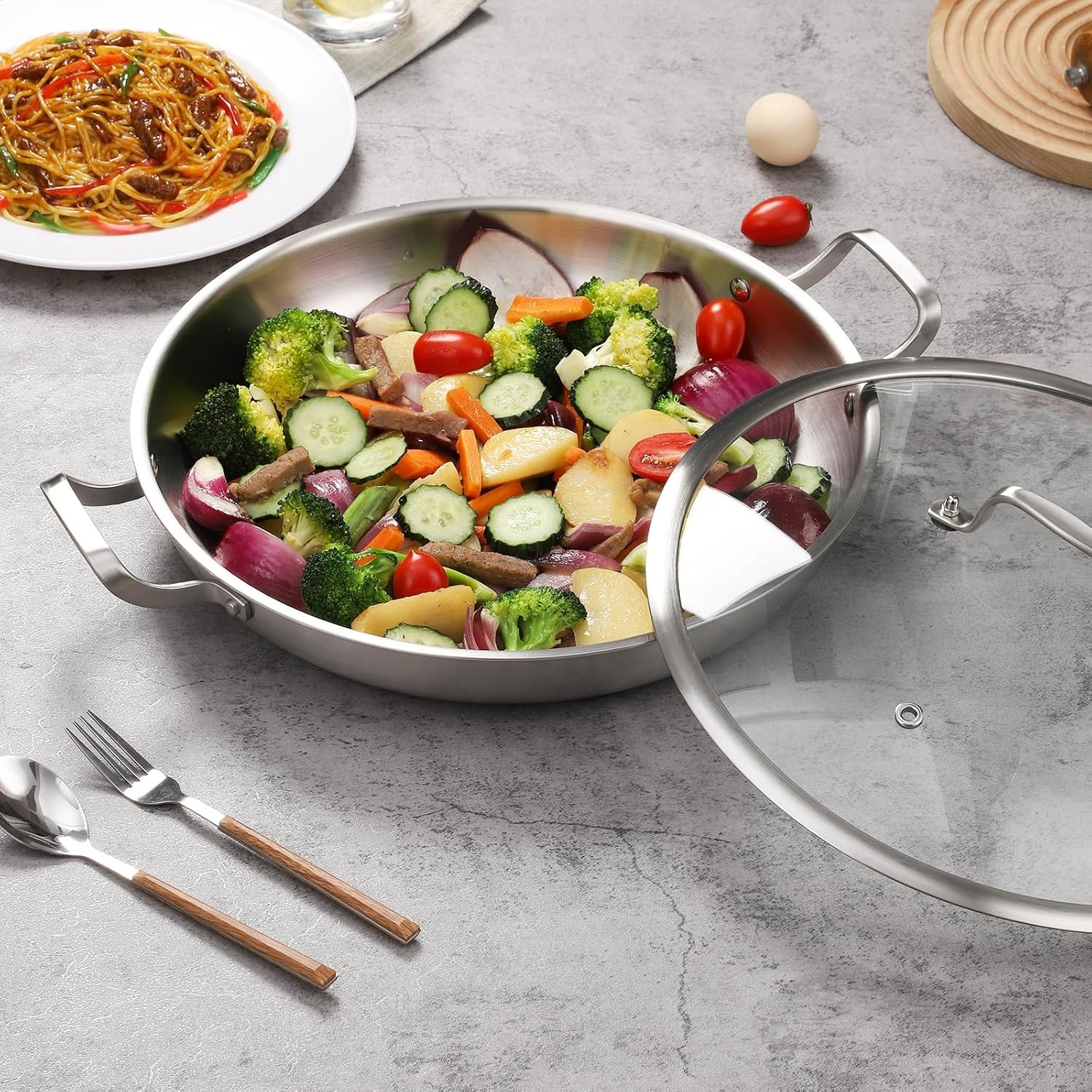 image:imageDELARLO 16 Inch Stainless Steel Paella Pan with Lid 5Ply Fully CladJumbo Frying Pan for 1214 Servings PFOA amp PTFE Free Skillet for Gas Stove Great for Paella Parties Indoors OutdoorsStainless Steel