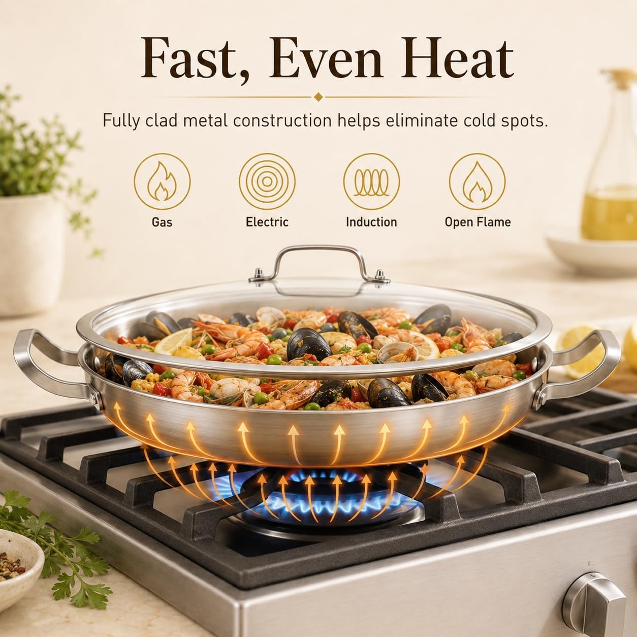 image:imageDELARLO 16 Inch Stainless Steel Paella Pan with Lid 5Ply Fully CladJumbo Frying Pan for 1214 Servings PFOA amp PTFE Free Skillet for Gas Stove Great for Paella Parties Indoors OutdoorsStainless Steel