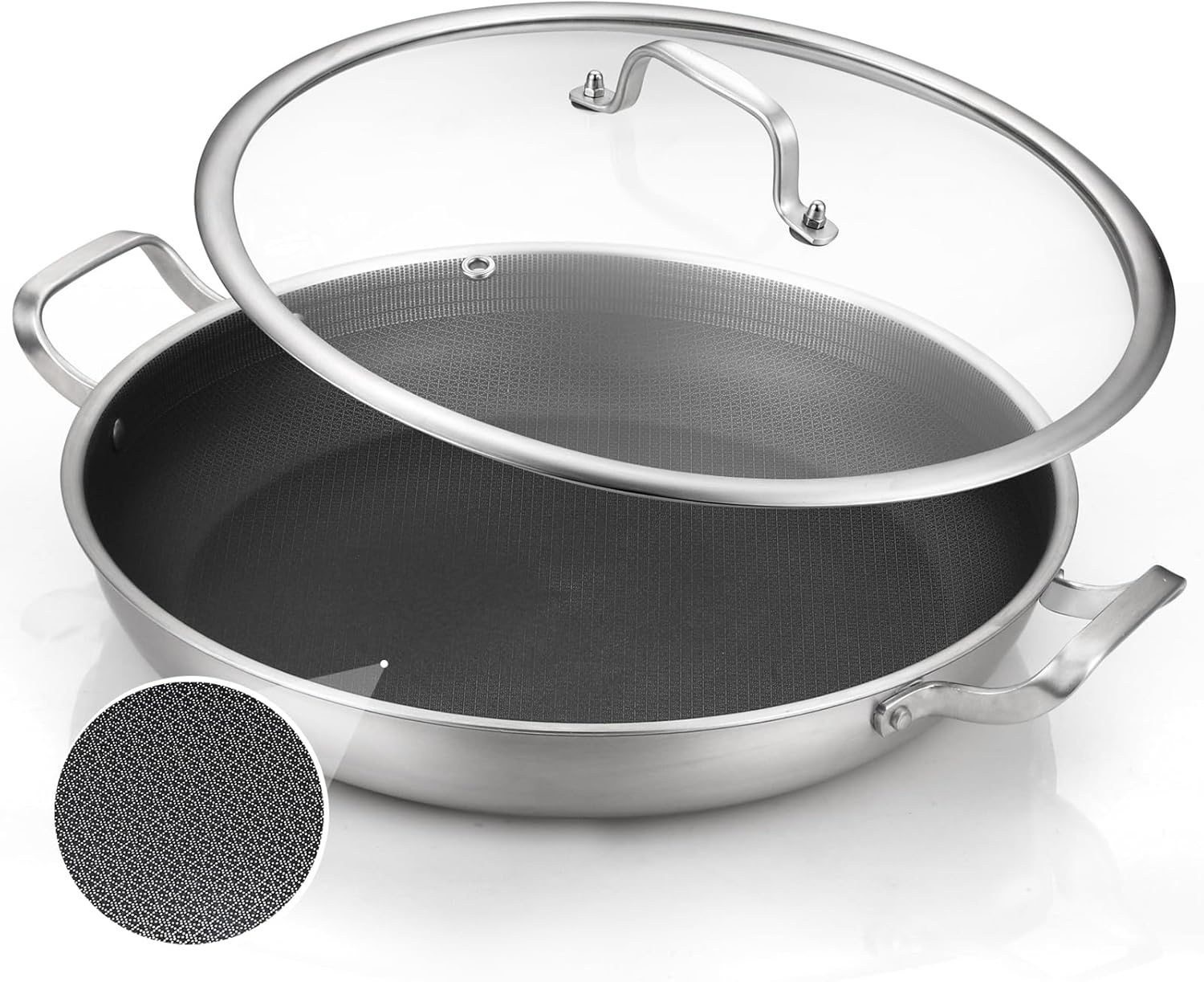 image:imageDELARLO 16 Inch Stainless Steel Paella Pan with Lid 5Ply Fully CladJumbo Frying Pan for 1214 Servings PFOA amp PTFE Free Skillet for Gas Stove Great for Paella Parties Indoors OutdoorsStainless Steel